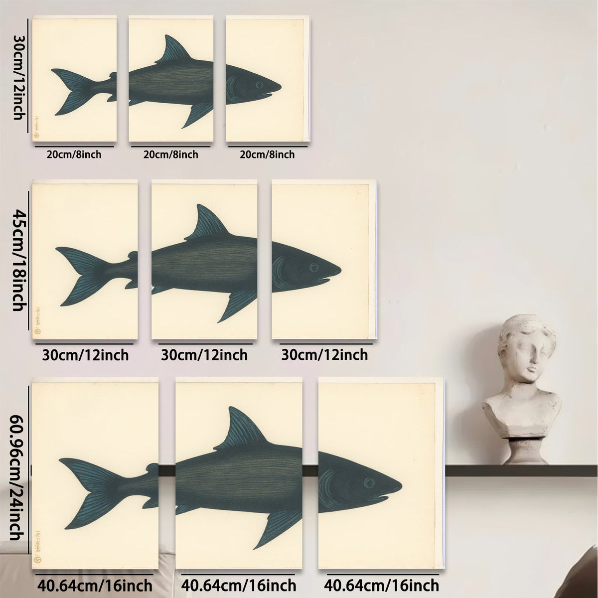 2D flat 1pc striking black silhouette coastal fish wall art modern farmhouse living room bedroom decor gallery wrapped canvas print