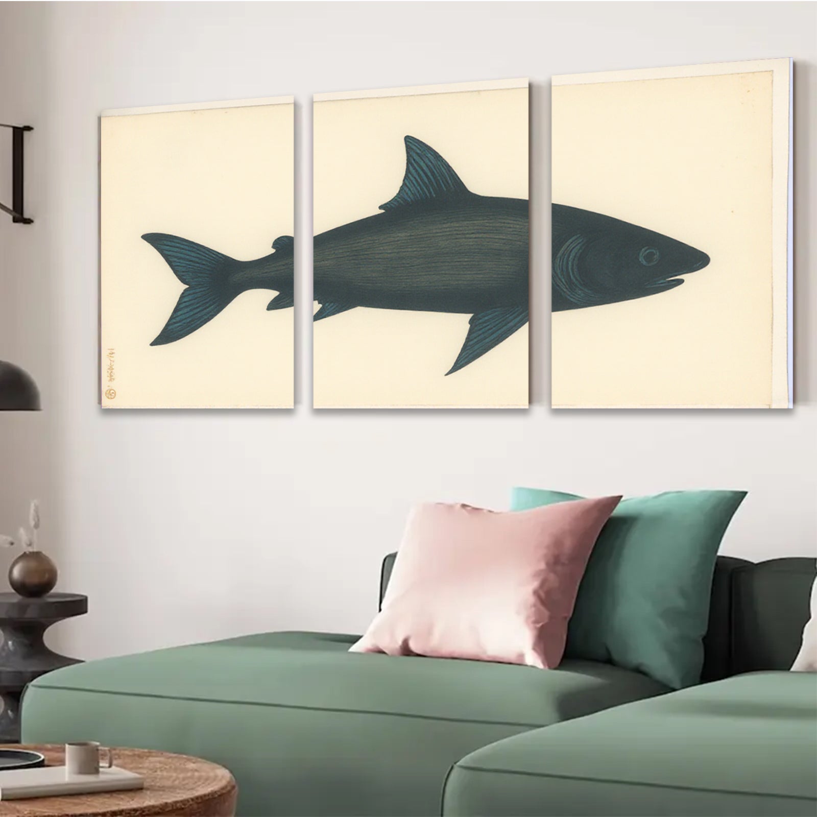 2D flat 1pc striking black silhouette coastal fish wall art modern farmhouse living room bedroom decor gallery wrapped canvas print