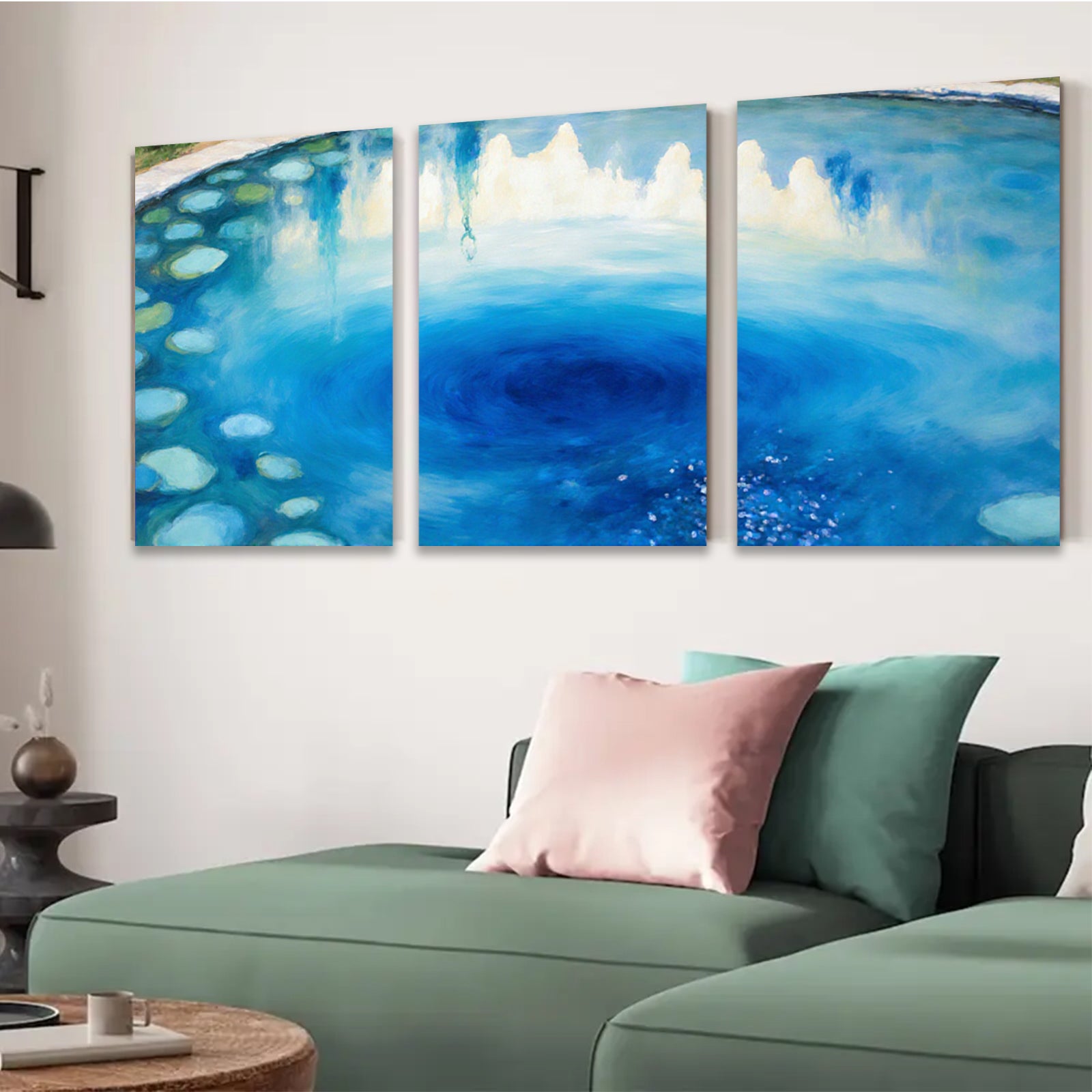 2D flat 1pc swirling blue fountain garden wall art canvas prints for living room bedroom modern farmhouse decor gallery wrapped timeless beauty