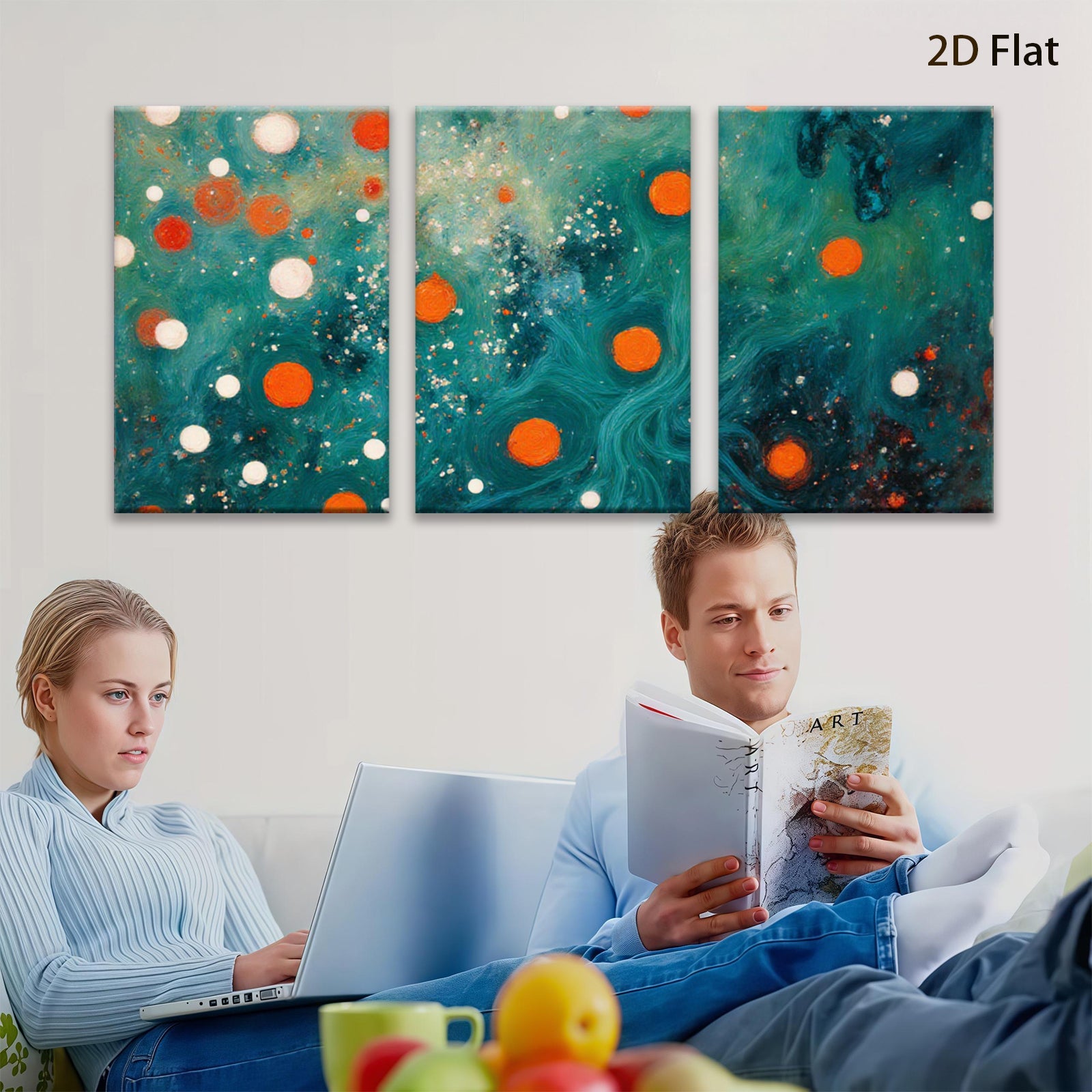 2D flat 1pc vibrant abstract swirls orange dots modern wall art bedroom living room gallery wrapped canvas farmhouse decor
