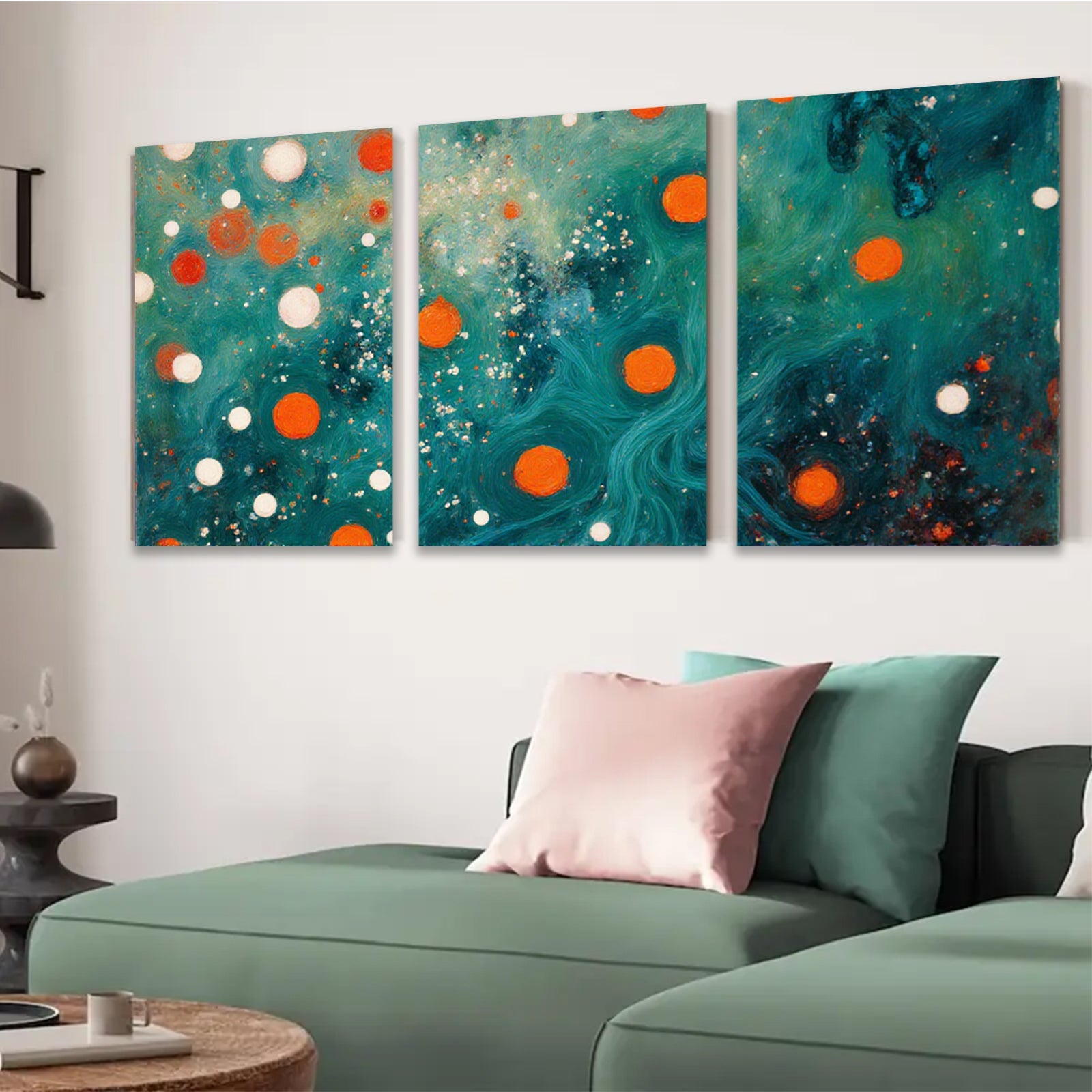 2D flat 1pc vibrant abstract swirls orange dots modern wall art bedroom living room gallery wrapped canvas farmhouse decor