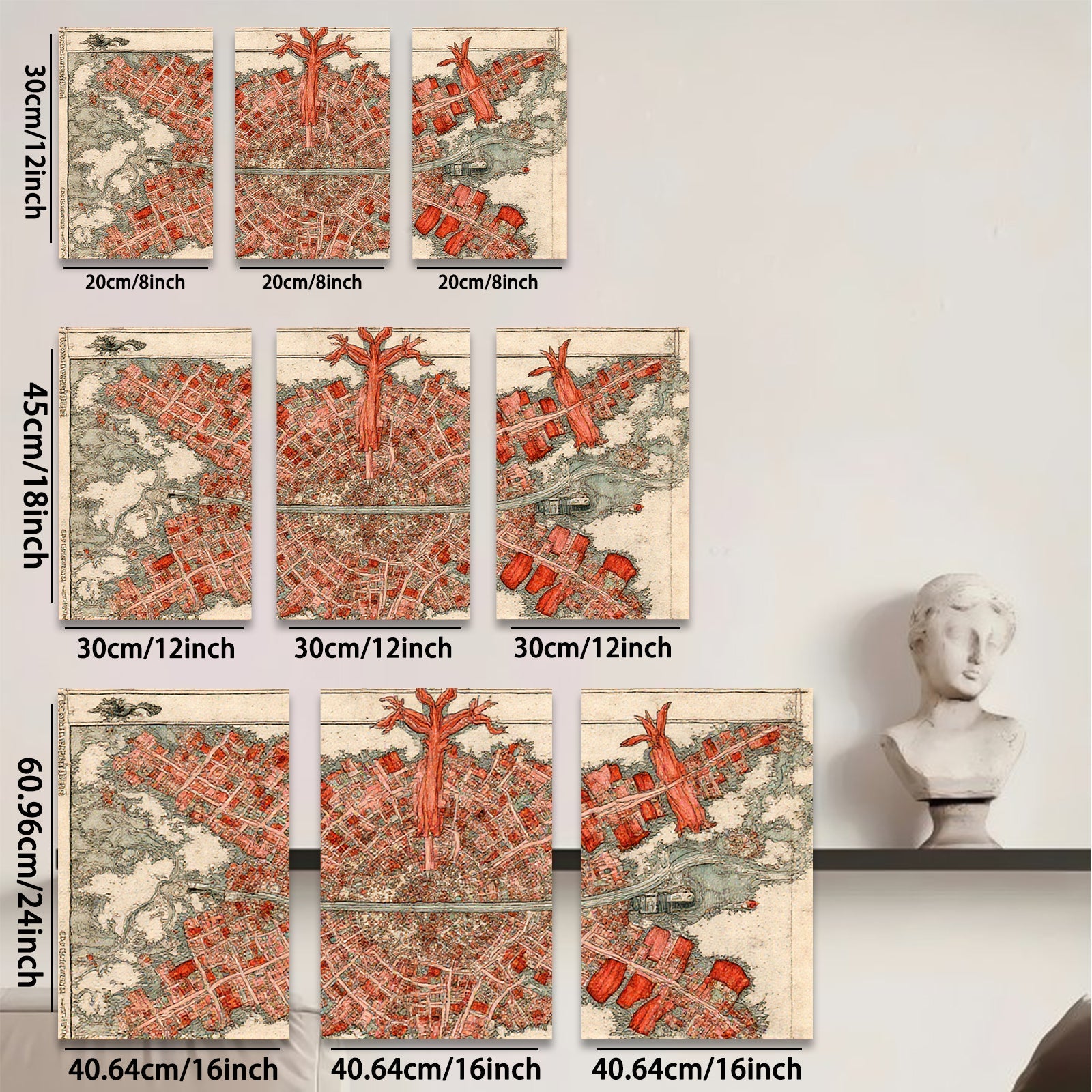 2D flat 1pc vibrant aerial view historic townscape farmhouse wall decor living room bedroom gallery wrapped canvas print modern farmhouse style