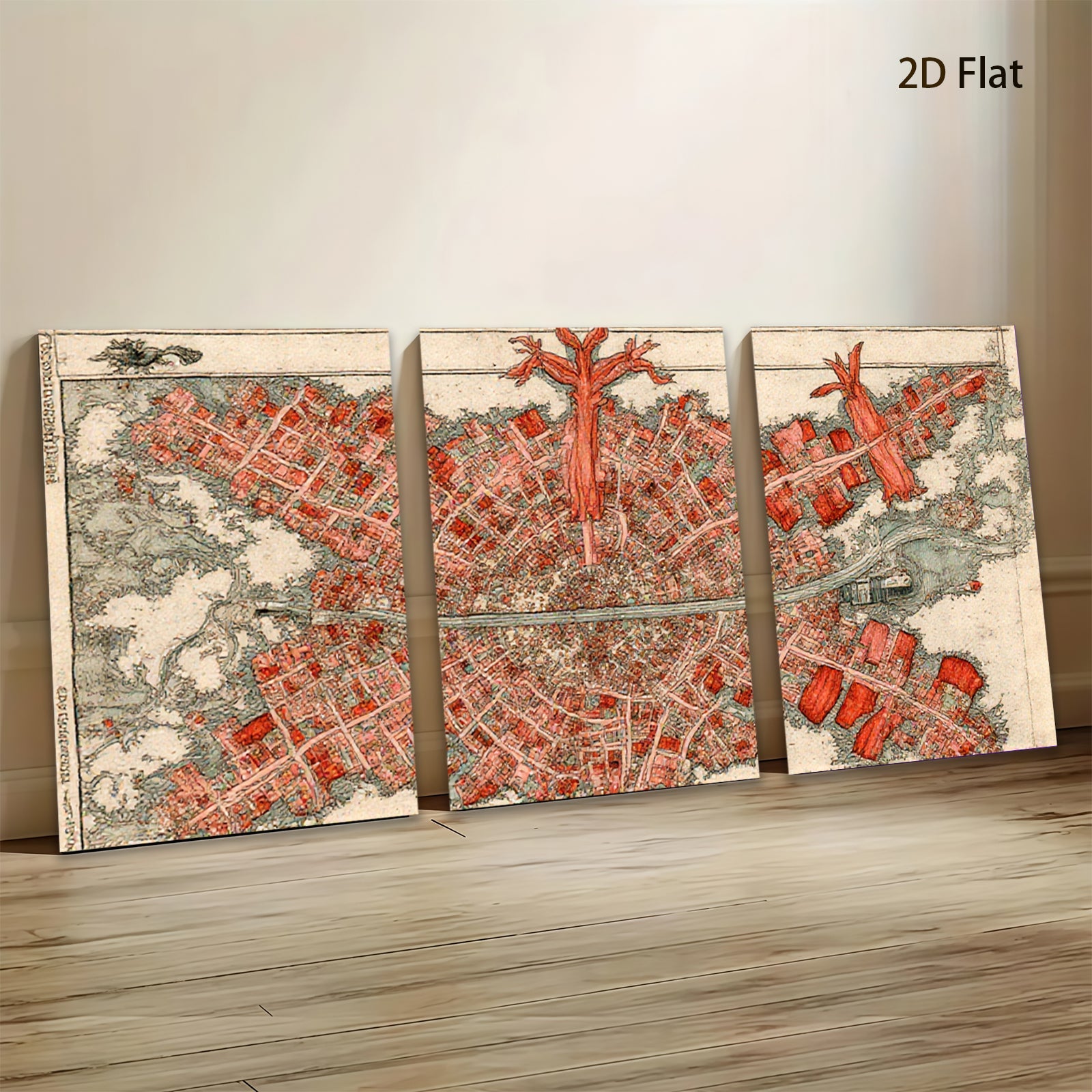 2D flat 1pc vibrant aerial view historic townscape farmhouse wall decor living room bedroom gallery wrapped canvas print modern farmhouse style