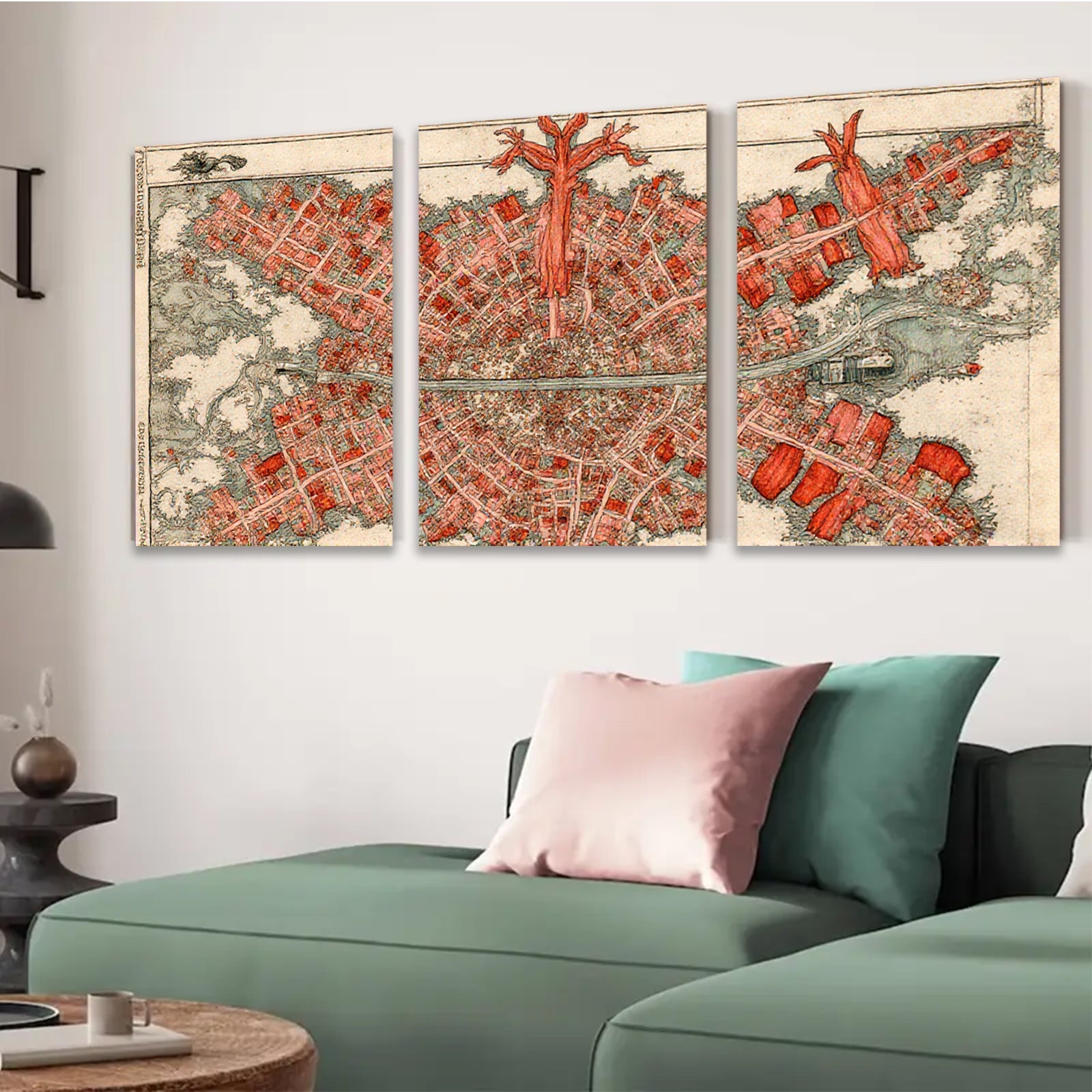 2D flat 1pc vibrant aerial view historic townscape farmhouse wall decor living room bedroom gallery wrapped canvas print modern farmhouse style