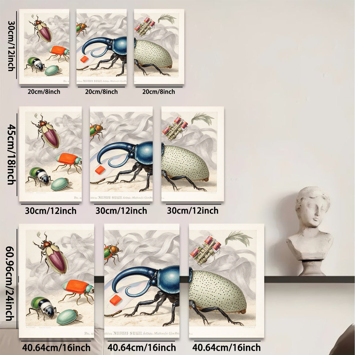 2D flat 1pc vibrant antique insect study botanical wall art farmhouse decor gallery wrapped canvas print modern living room bedroom