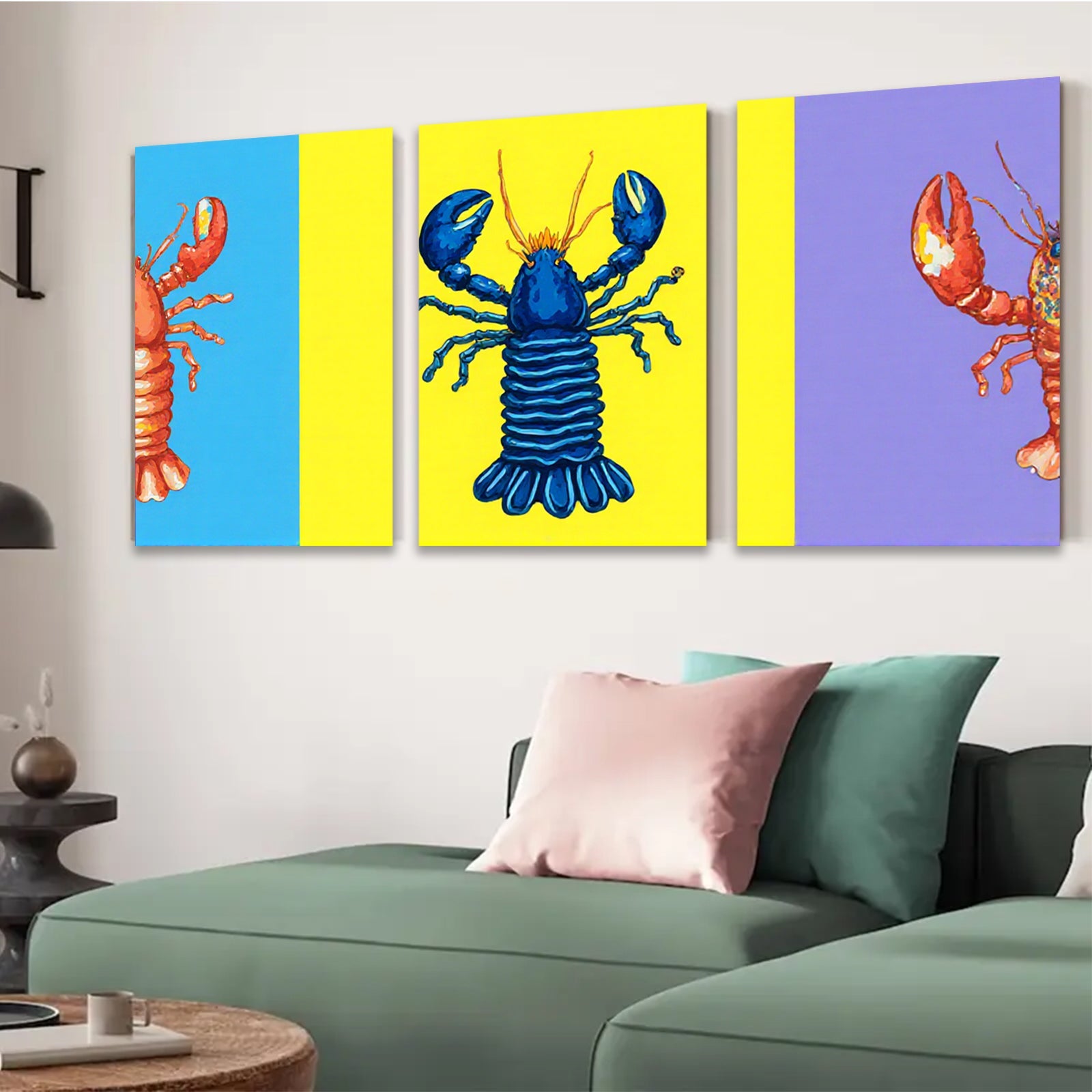 2D flat 1pc vibrant blue lobster coastal wall art bathroom kitchen decor farmhouse style living room canvas prints modern minimalist aesthetic