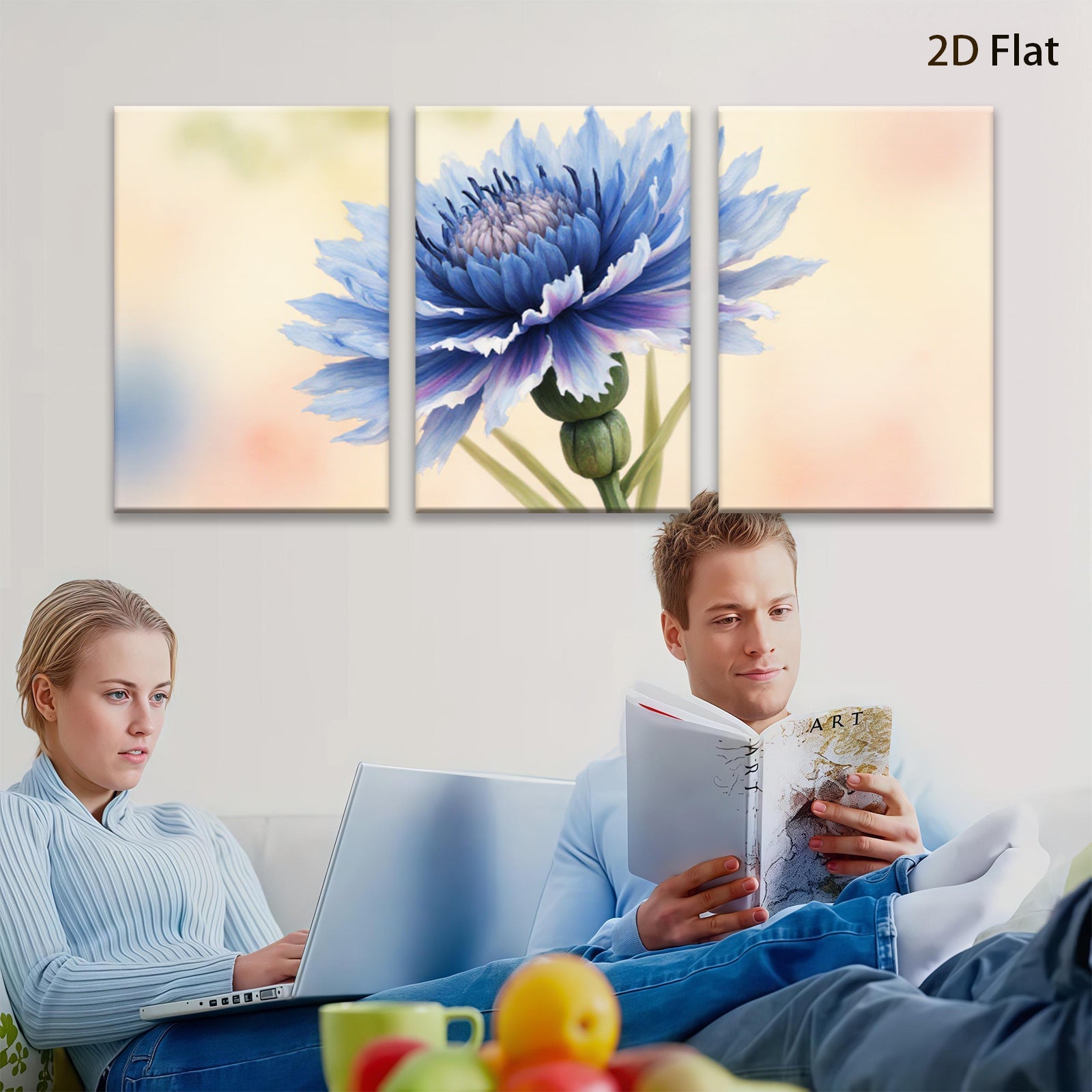 2D flat 1pc vibrant blue wildflower botanical art print for living room bedroom wall decor farmhouse style modern minimalist gallery wrapped canvas
