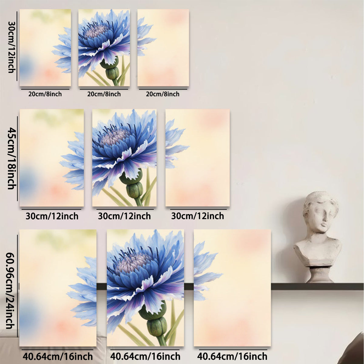 2D flat 1pc vibrant blue wildflower botanical art print for living room bedroom wall decor farmhouse style modern minimalist gallery wrapped canvas