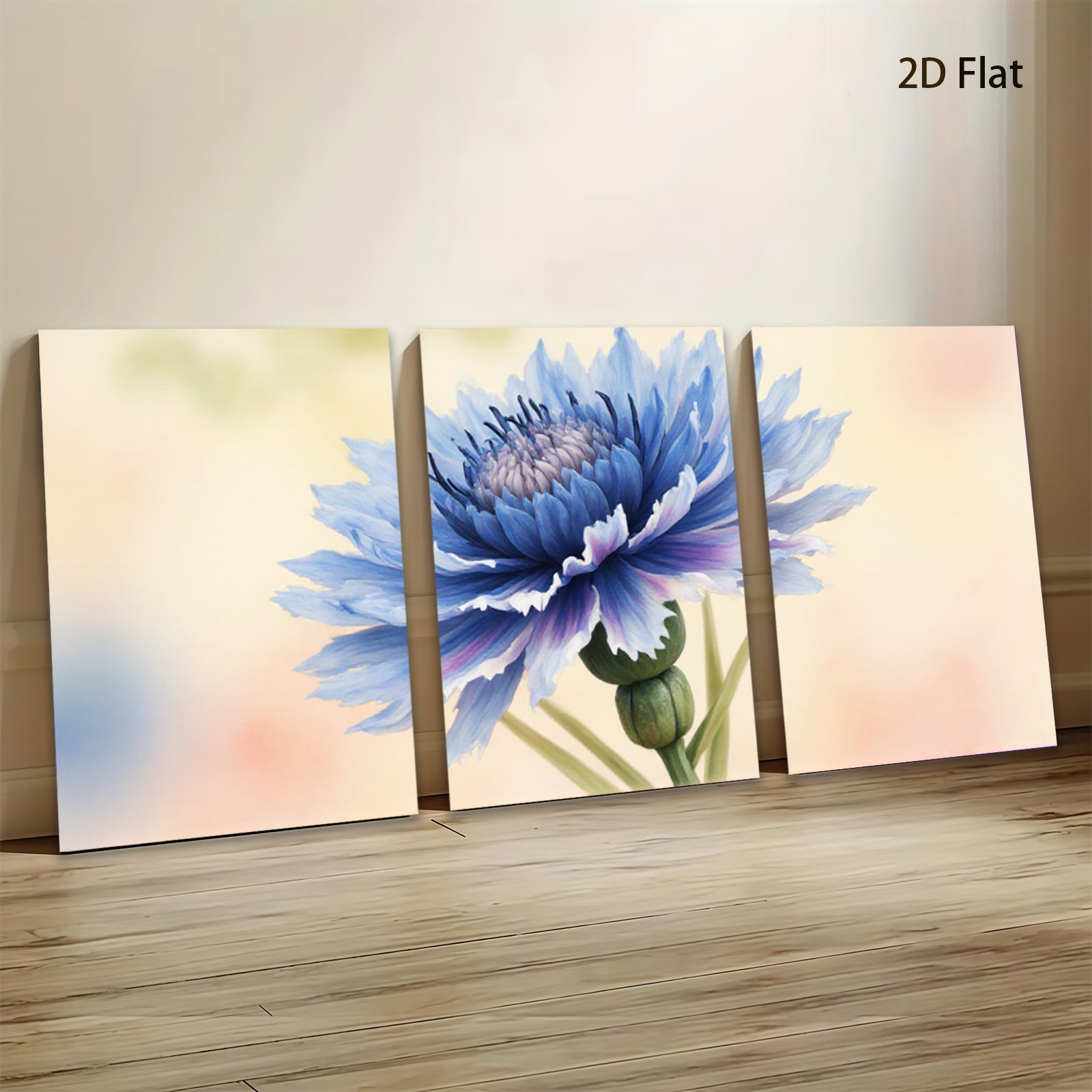 2D flat 1pc vibrant blue wildflower botanical art print for living room bedroom wall decor farmhouse style modern minimalist gallery wrapped canvas