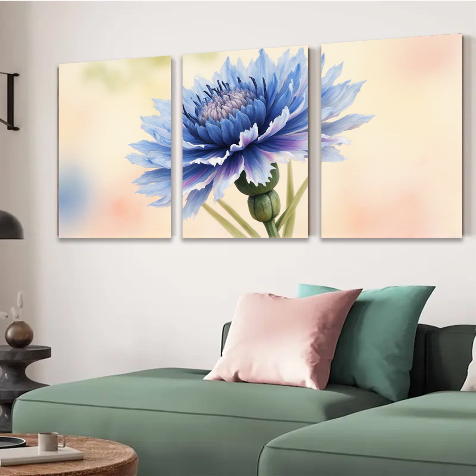 2D flat 1pc vibrant blue wildflower botanical art print for living room bedroom wall decor farmhouse style modern minimalist gallery wrapped canvas
