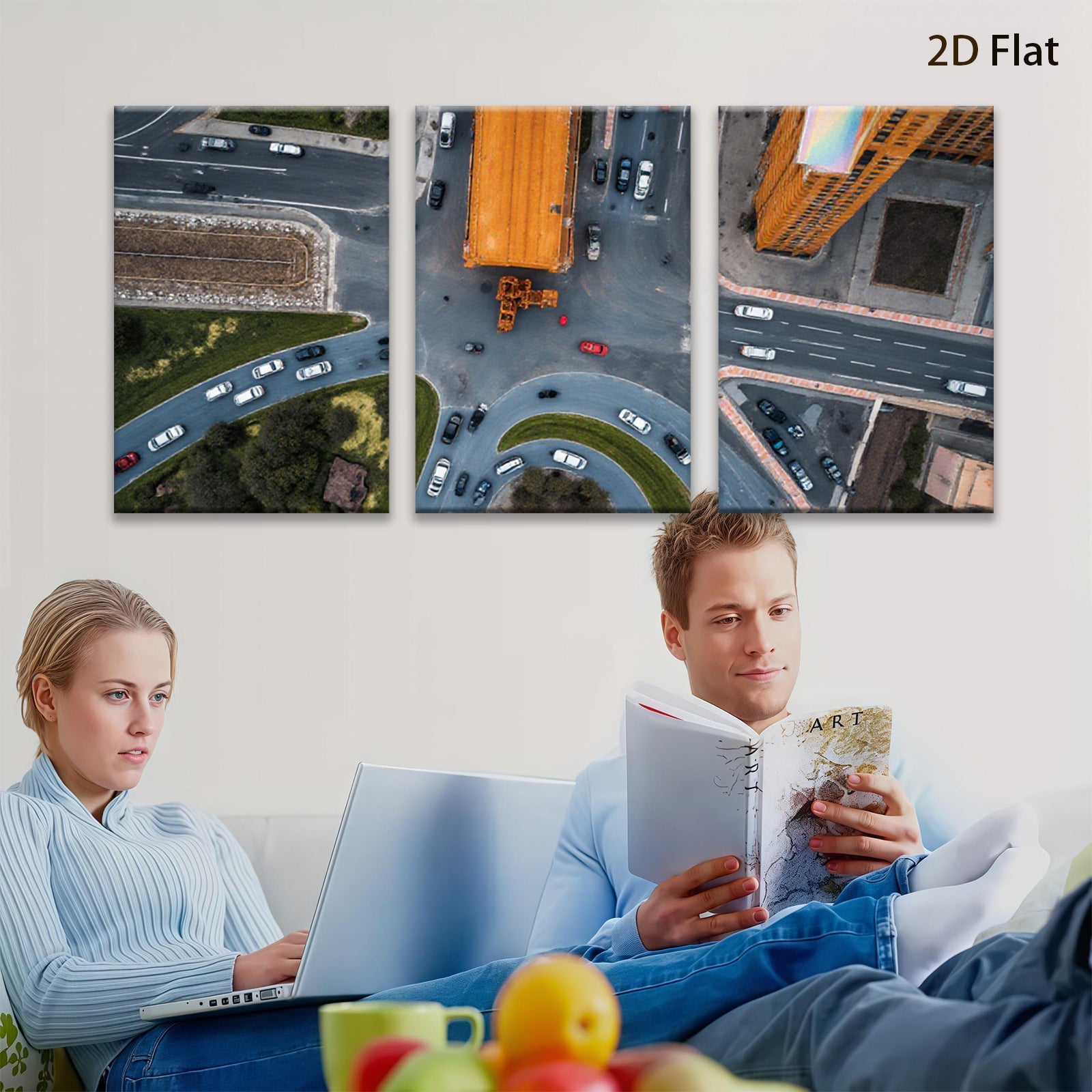 2D flat 1pc vibrant city intersection aerial view modern wall art living room bedroom decor farmhouse style gallery wrapped canvas prints oversized statement piece