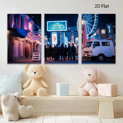 2D flat 1pc vibrant city nightlife bustling crowd retro van modern wall art living room bedroom decor farmhouse style cozy aesthetic gallery wrapped canvas prints