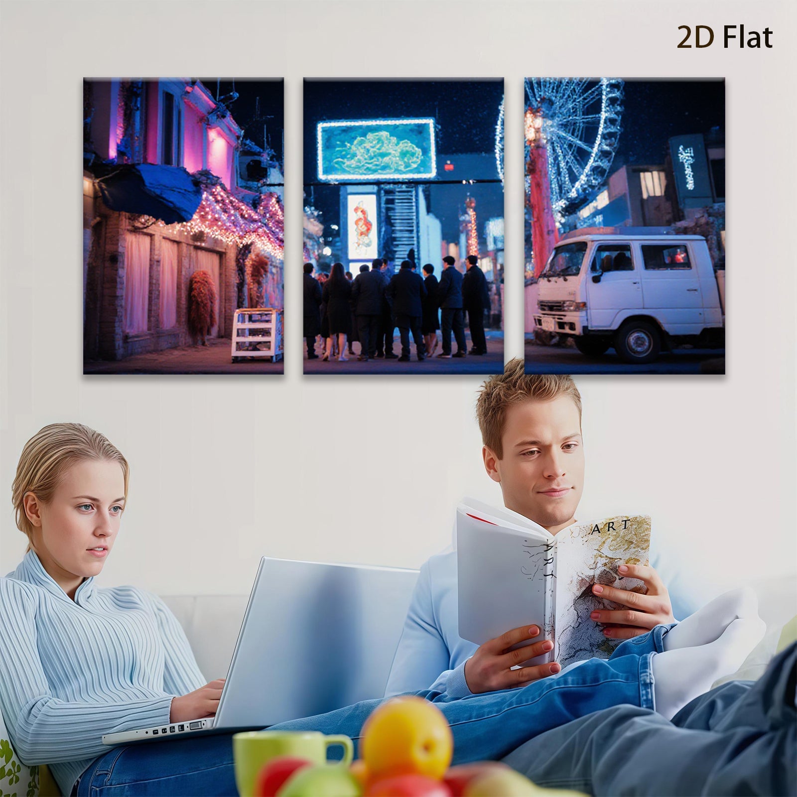 2D flat 1pc vibrant city nightlife bustling crowd retro van modern wall art living room bedroom decor farmhouse style cozy aesthetic gallery wrapped canvas prints
