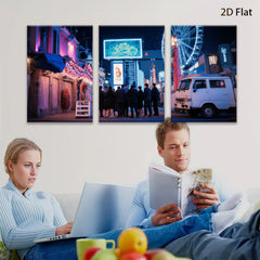 2D flat 1pc vibrant city nightlife bustling crowd retro van modern wall art living room bedroom decor farmhouse style cozy aesthetic gallery wrapped canvas prints