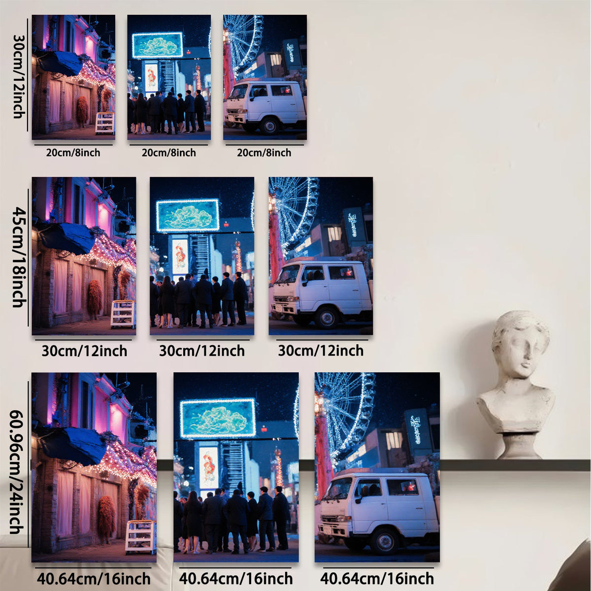 2D flat 1pc vibrant city nightlife bustling crowd retro van modern wall art living room bedroom decor farmhouse style cozy aesthetic gallery wrapped canvas prints