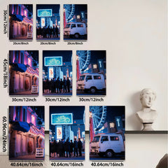 2D flat 1pc vibrant city nightlife bustling crowd retro van modern wall art living room bedroom decor farmhouse style cozy aesthetic gallery wrapped canvas prints