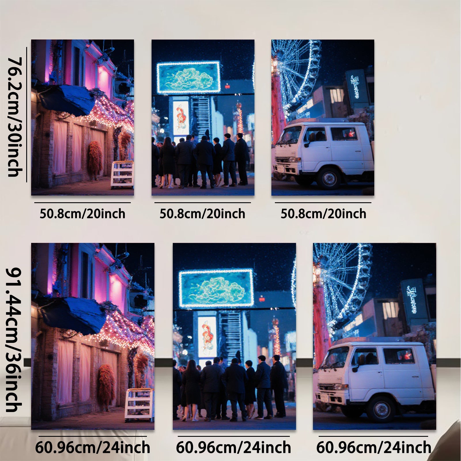 2D flat 1pc vibrant city nightlife bustling crowd retro van modern wall art living room bedroom decor farmhouse style cozy aesthetic gallery wrapped canvas prints