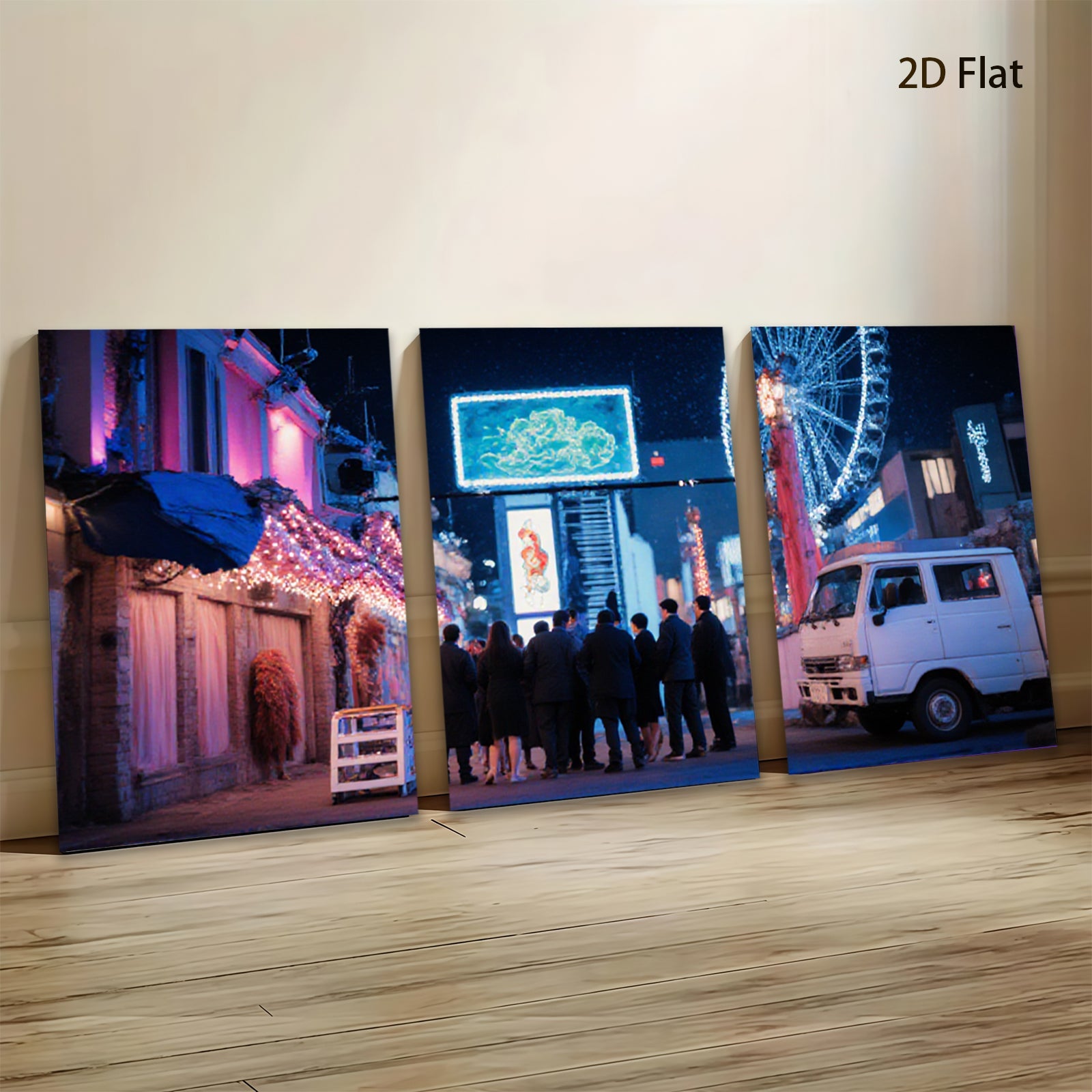 2D flat 1pc vibrant city nightlife bustling crowd retro van modern wall art living room bedroom decor farmhouse style cozy aesthetic gallery wrapped canvas prints