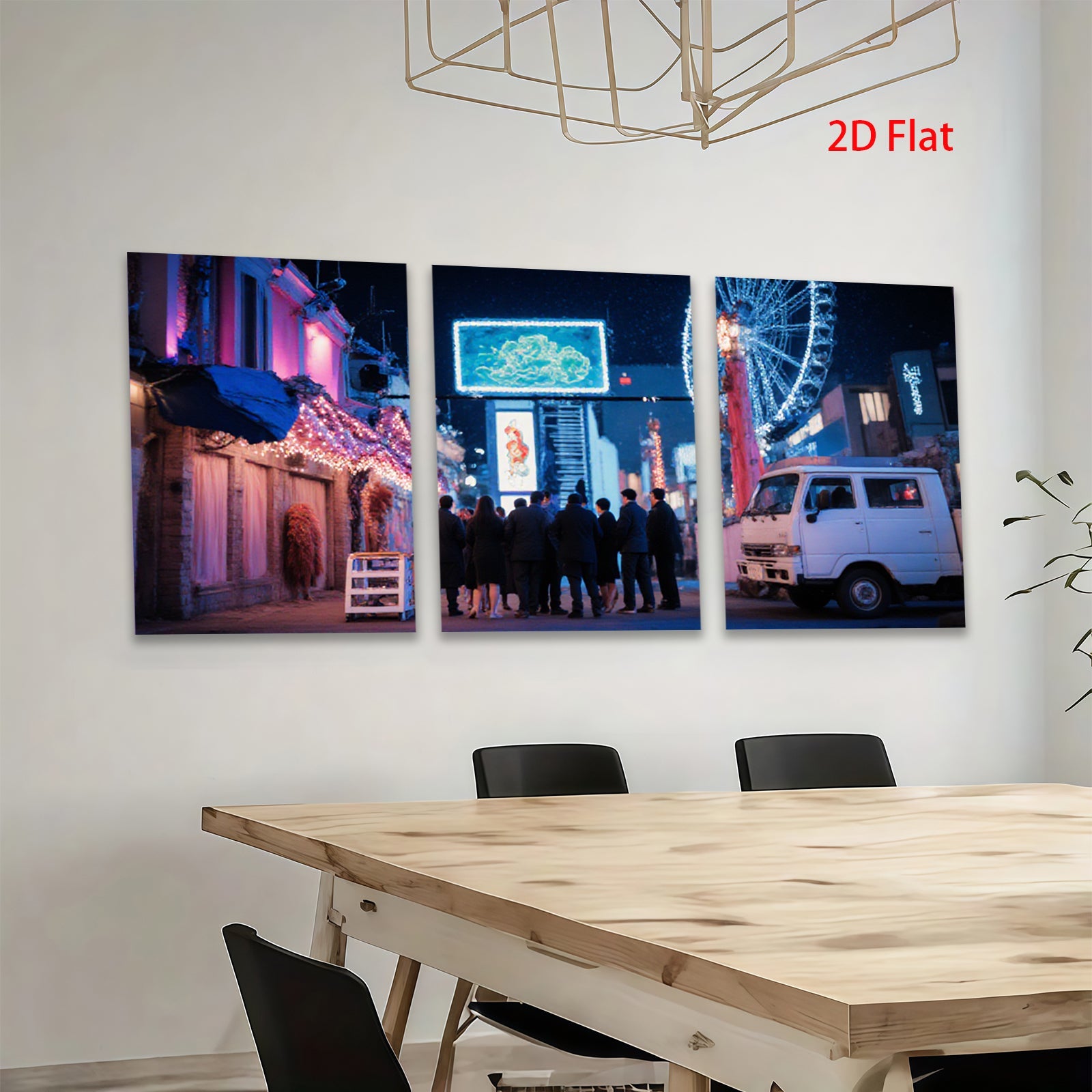 2D flat 1pc vibrant city nightlife bustling crowd retro van modern wall art living room bedroom decor farmhouse style cozy aesthetic gallery wrapped canvas prints