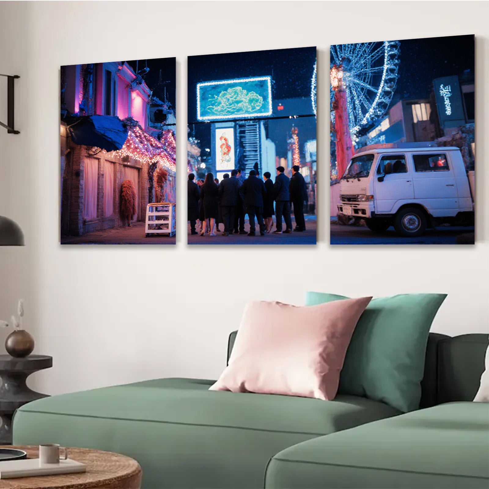 2D flat 1pc vibrant city nightlife bustling crowd retro van modern wall art living room bedroom decor farmhouse style cozy aesthetic gallery wrapped canvas prints