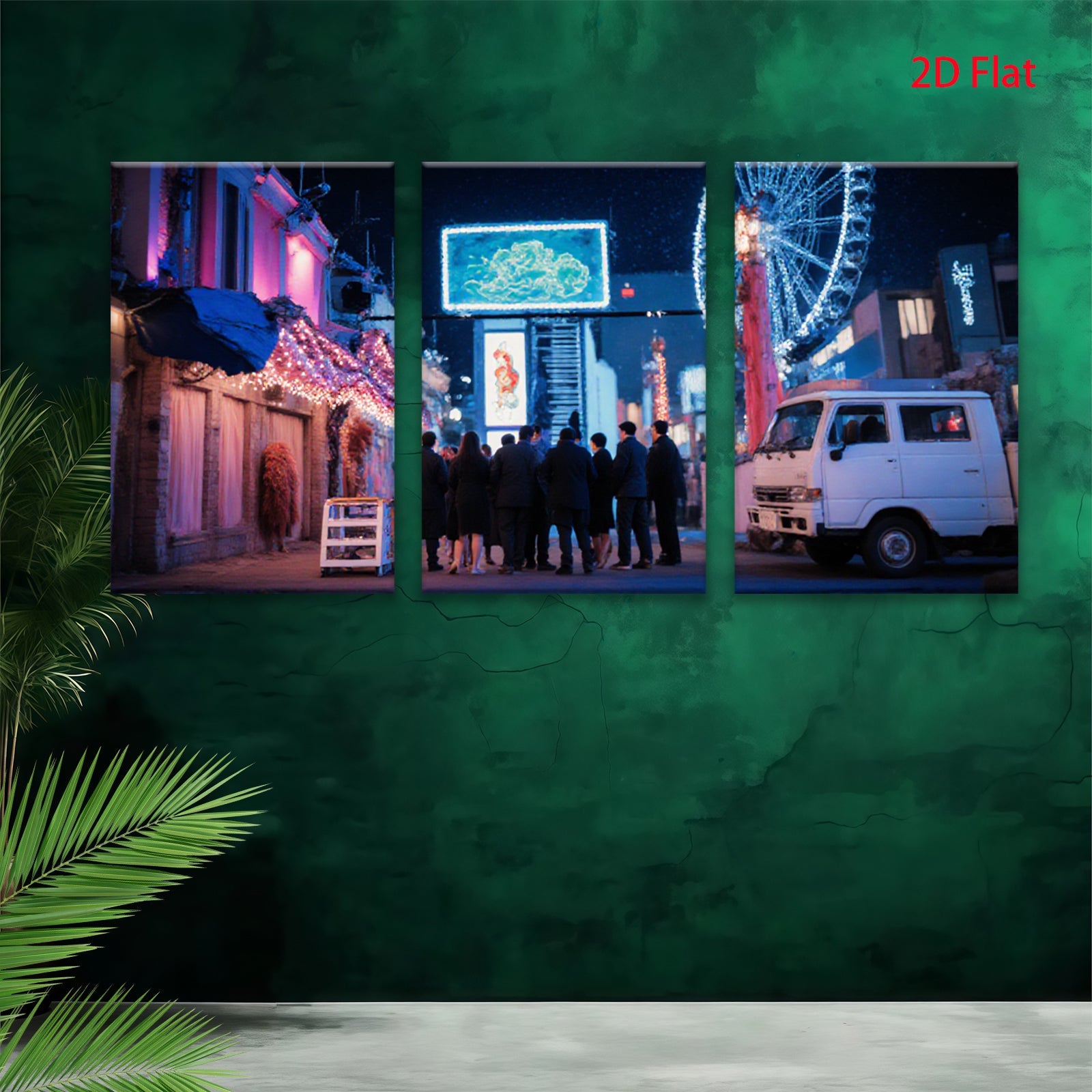 2D flat 1pc vibrant city nightlife bustling crowd retro van modern wall art living room bedroom decor farmhouse style cozy aesthetic gallery wrapped canvas prints