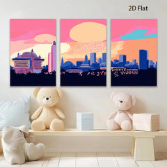 2D flat 1pc vibrant city skyline modern wall art decor for living room bedroom office farmhouse gallery wrapped canvas prints cozy aesthetic