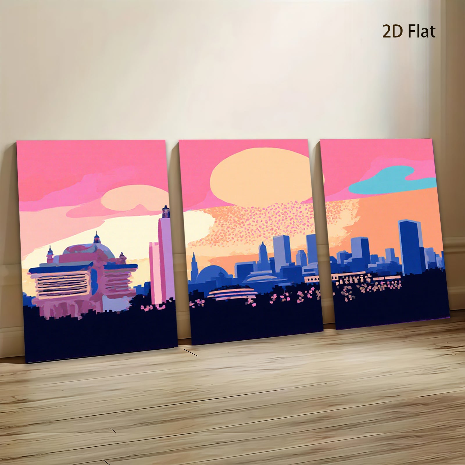 2D flat 1pc vibrant city skyline modern wall art decor for living room bedroom office farmhouse gallery wrapped canvas prints cozy aesthetic