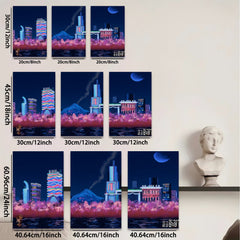 2D flat 1pc vibrant city skyline wall art modern home decor bedroom living room canvas prints farmhouse aesthetic gallery wrapped ready to hang