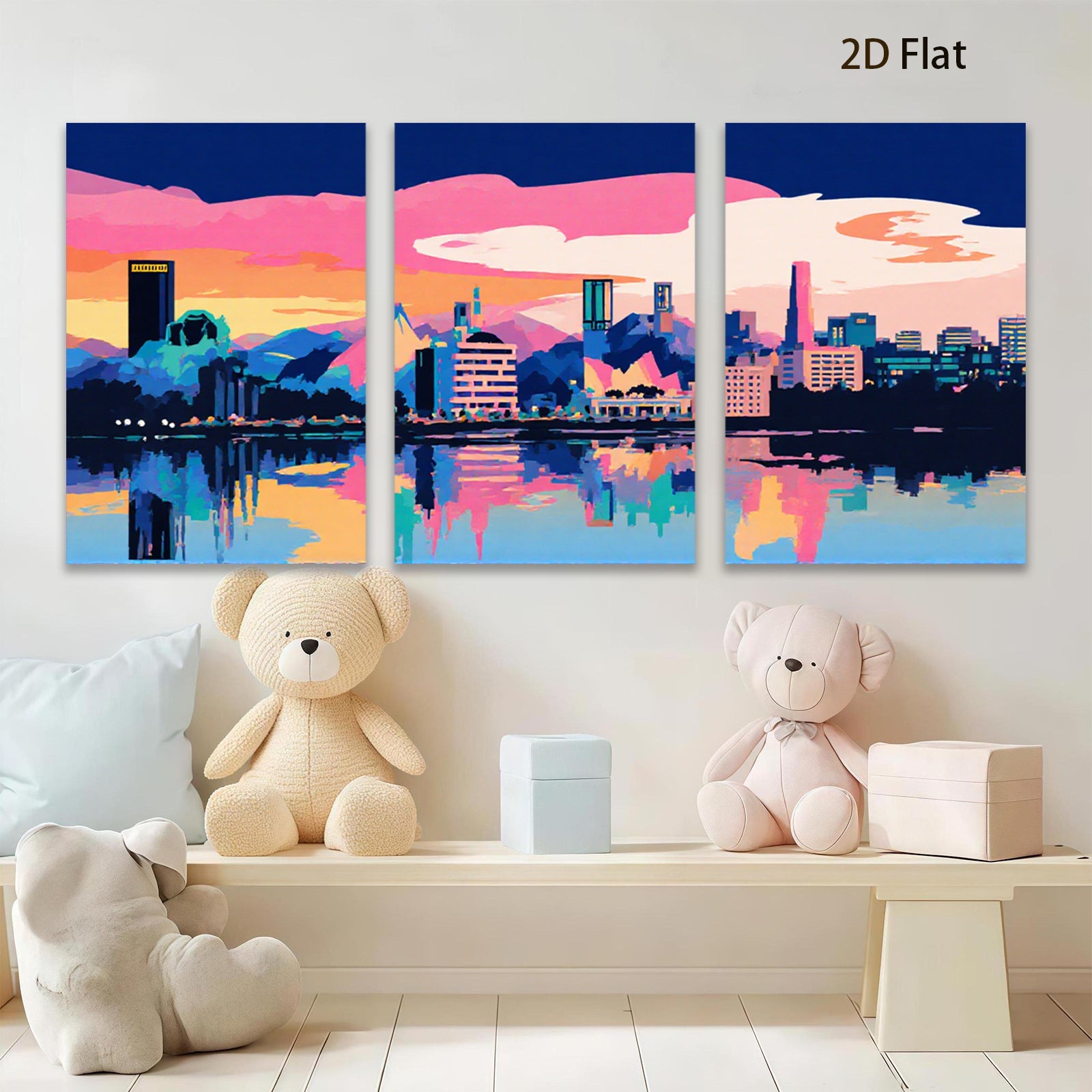 2D flat 1pc vibrant city skyline wall art modern home decor living room bedroom office canvas prints farmhouse style aesthetic gallery wrapped ready to hang