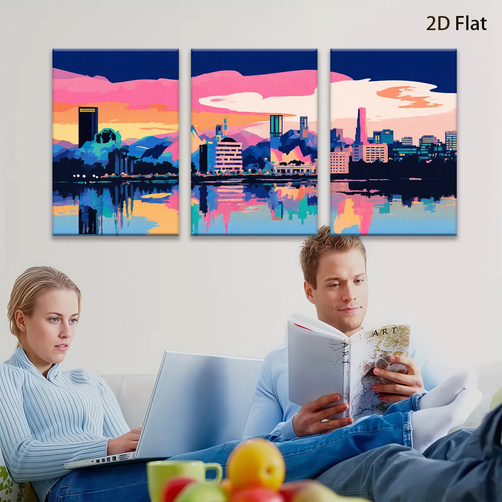 2D flat 1pc vibrant city skyline wall art modern home decor living room bedroom office canvas prints farmhouse style aesthetic gallery wrapped ready to hang
