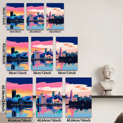 2D flat 1pc vibrant city skyline wall art modern home decor living room bedroom office canvas prints farmhouse style aesthetic gallery wrapped ready to hang