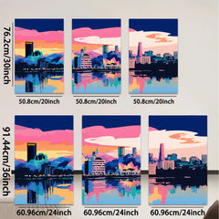 2D flat 1pc vibrant city skyline wall art modern home decor living room bedroom office canvas prints farmhouse style aesthetic gallery wrapped ready to hang