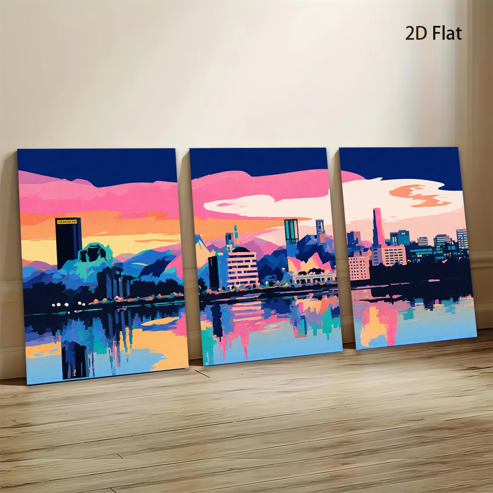 2D flat 1pc vibrant city skyline wall art modern home decor living room bedroom office canvas prints farmhouse style aesthetic gallery wrapped ready to hang