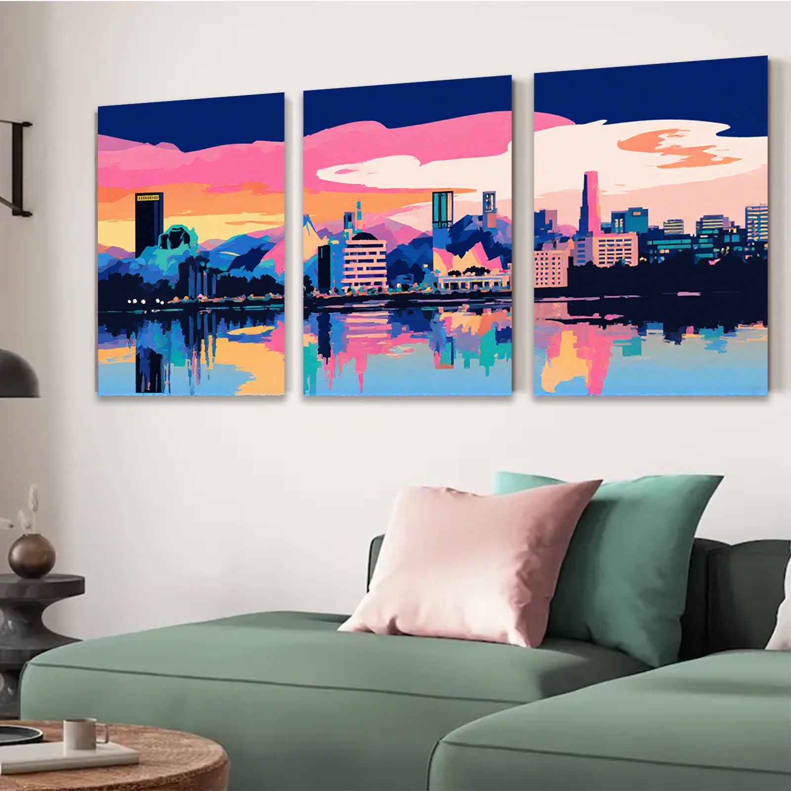 2D flat 1pc vibrant city skyline wall art modern home decor living room bedroom office canvas prints farmhouse style aesthetic gallery wrapped ready to hang