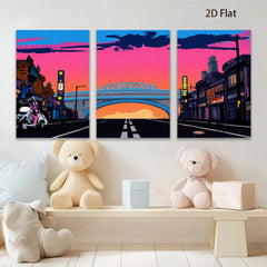 2D flat 1pc vibrant city street under dramatic twilight sky modern wall art decor for living room bedroom office gallery wrapped canvas prints farmhouse style