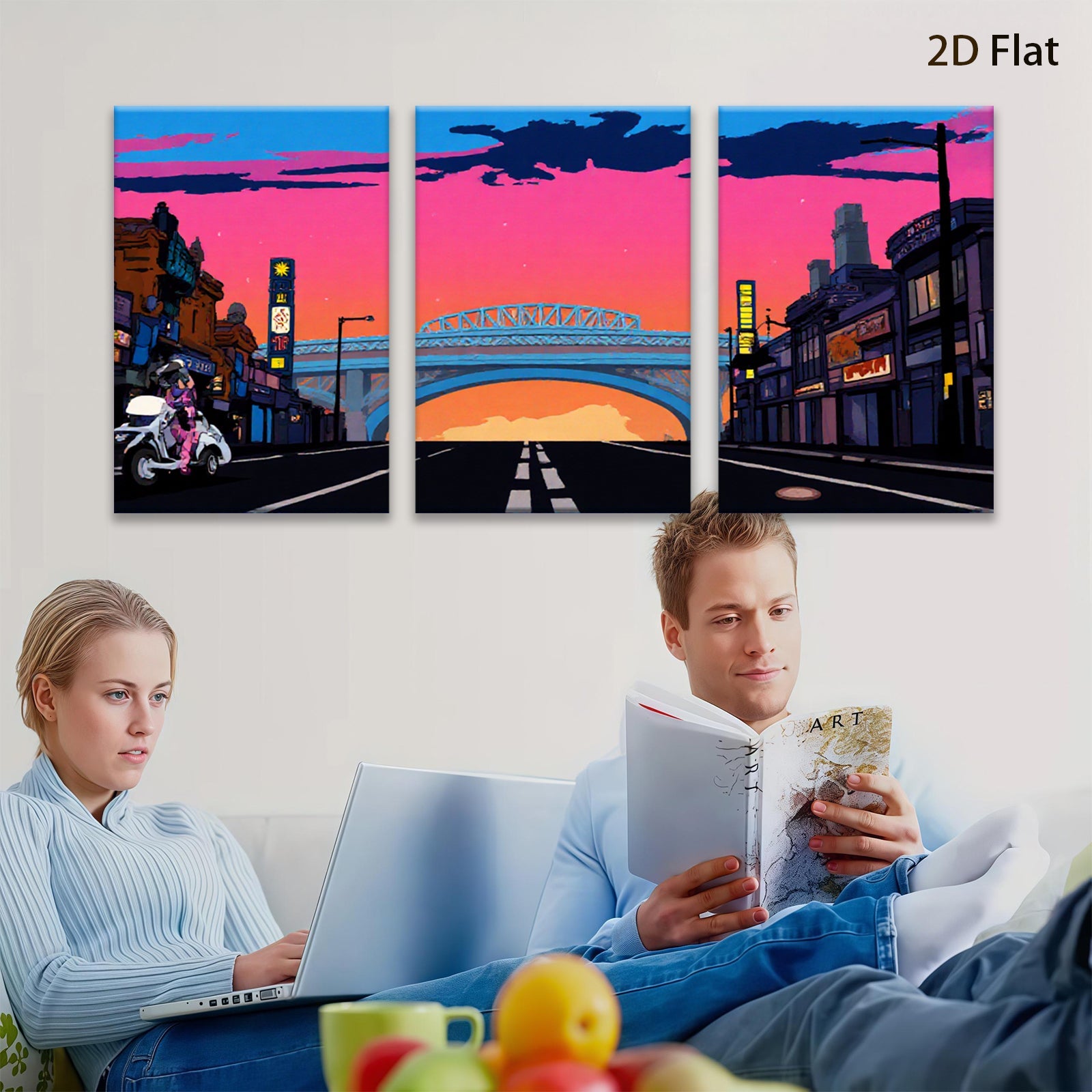 2D flat 1pc vibrant city street under dramatic twilight sky modern wall art decor for living room bedroom office gallery wrapped canvas prints farmhouse style