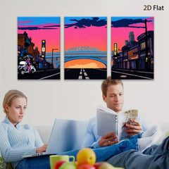 2D flat 1pc vibrant city street under dramatic twilight sky modern wall art decor for living room bedroom office gallery wrapped canvas prints farmhouse style