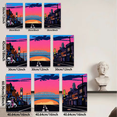 2D flat 1pc vibrant city street under dramatic twilight sky modern wall art decor for living room bedroom office gallery wrapped canvas prints farmhouse style