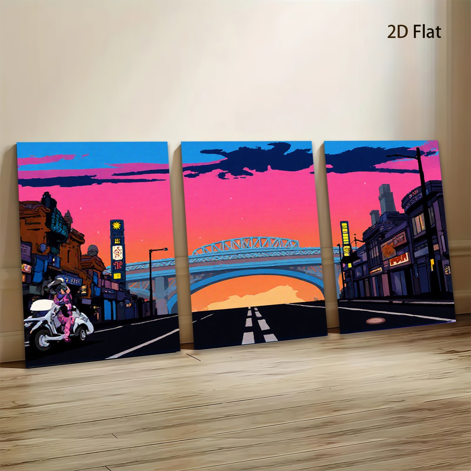 2D flat 1pc vibrant city street under dramatic twilight sky modern wall art decor for living room bedroom office gallery wrapped canvas prints farmhouse style