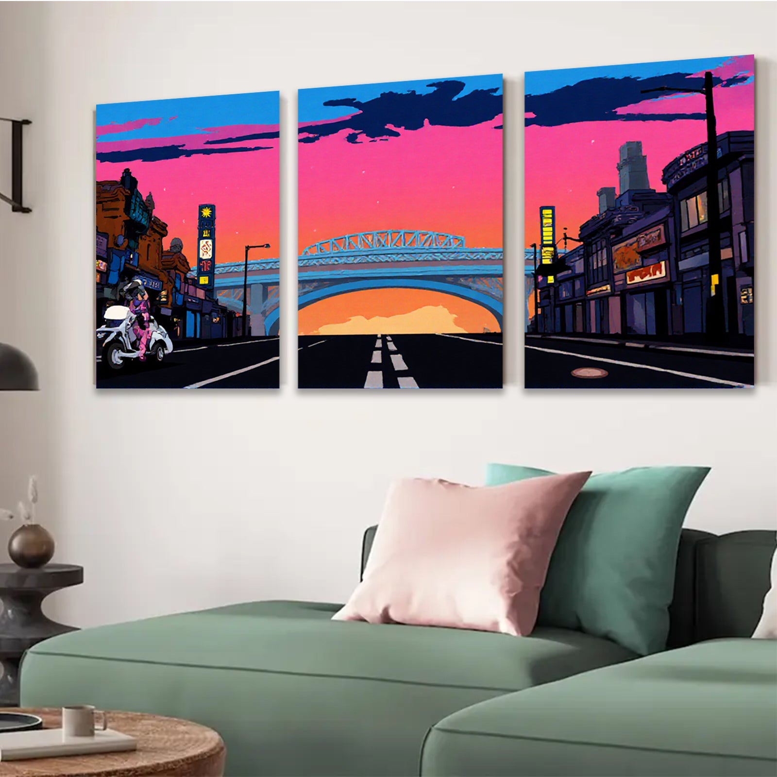 2D flat 1pc vibrant city street under dramatic twilight sky modern wall art decor for living room bedroom office gallery wrapped canvas prints farmhouse style