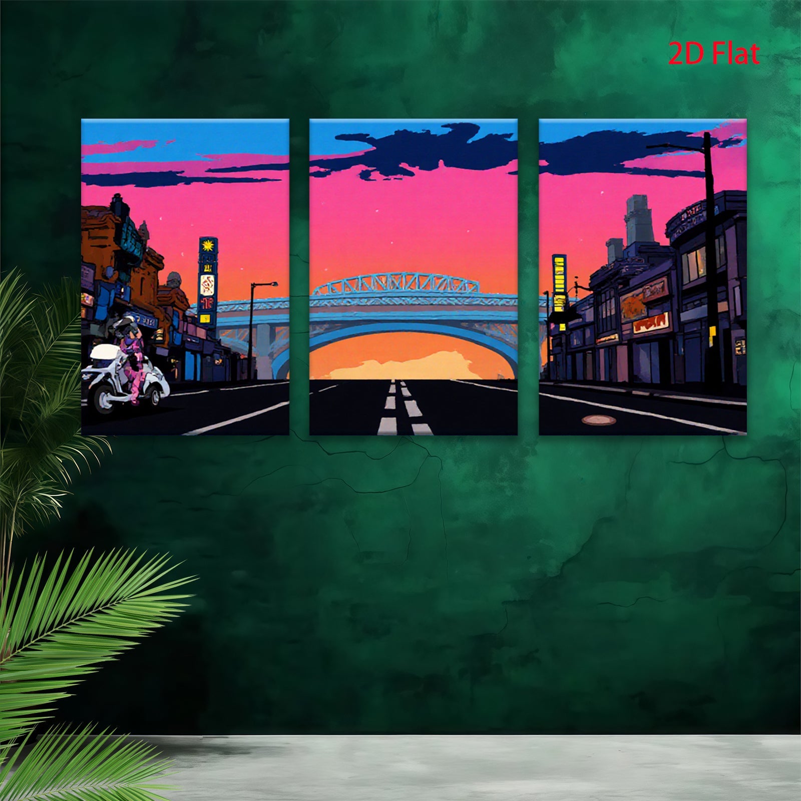 2D flat 1pc vibrant city street under dramatic twilight sky modern wall art decor for living room bedroom office gallery wrapped canvas prints farmhouse style