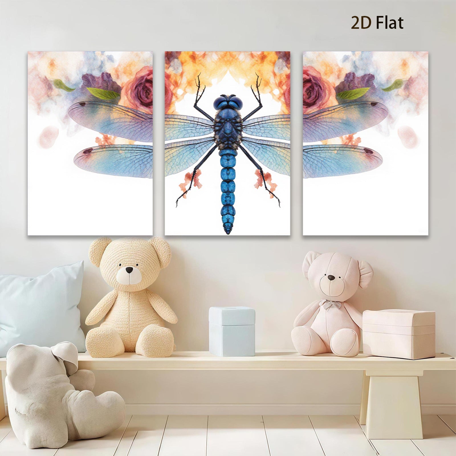 2D flat 1pc vibrant dragonfly floral wall art modern farmhouse living room bedroom decor botanical prints gallery wrapped canvas beautiful accent piece