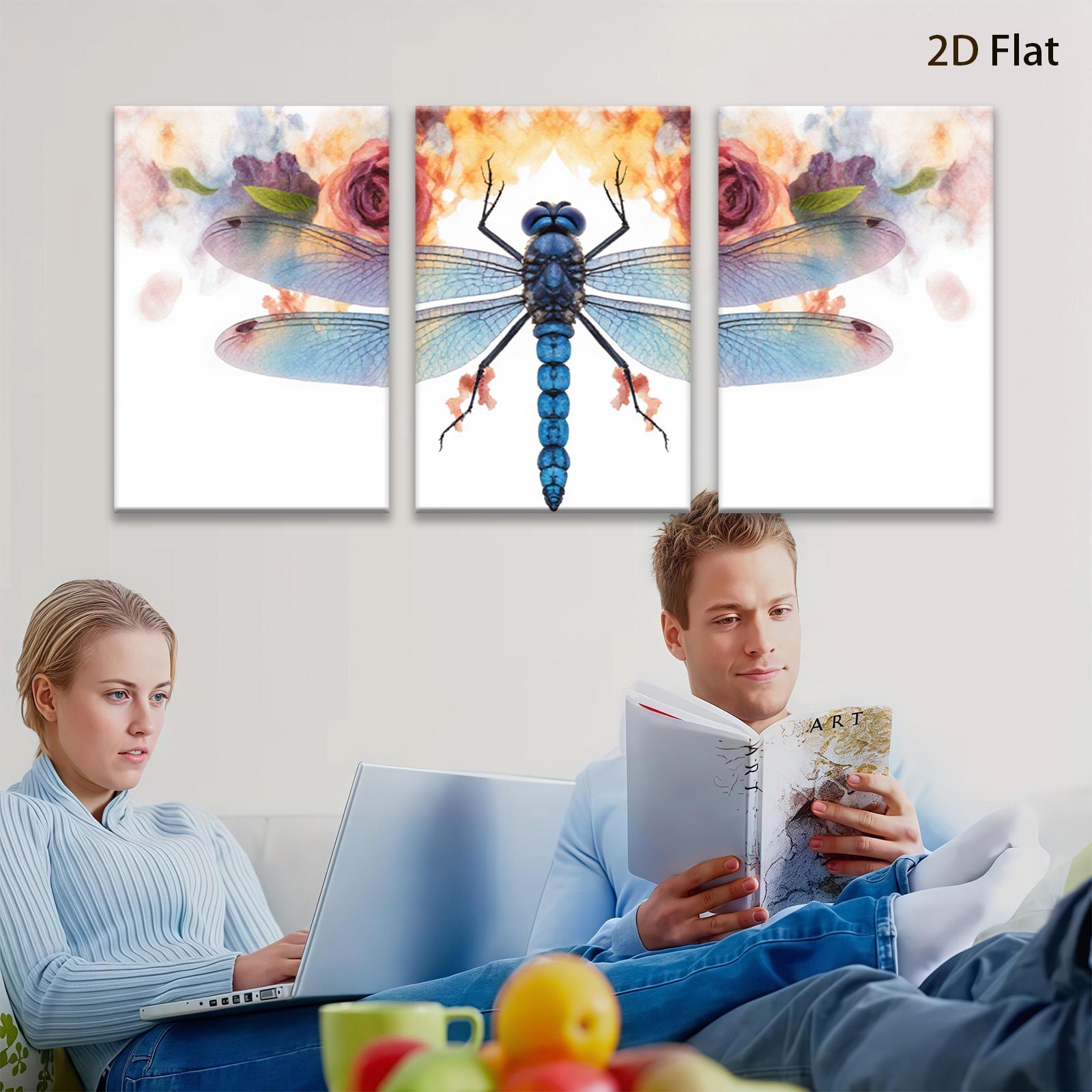 2D flat 1pc vibrant dragonfly floral wall art modern farmhouse living room bedroom decor botanical prints gallery wrapped canvas beautiful accent piece