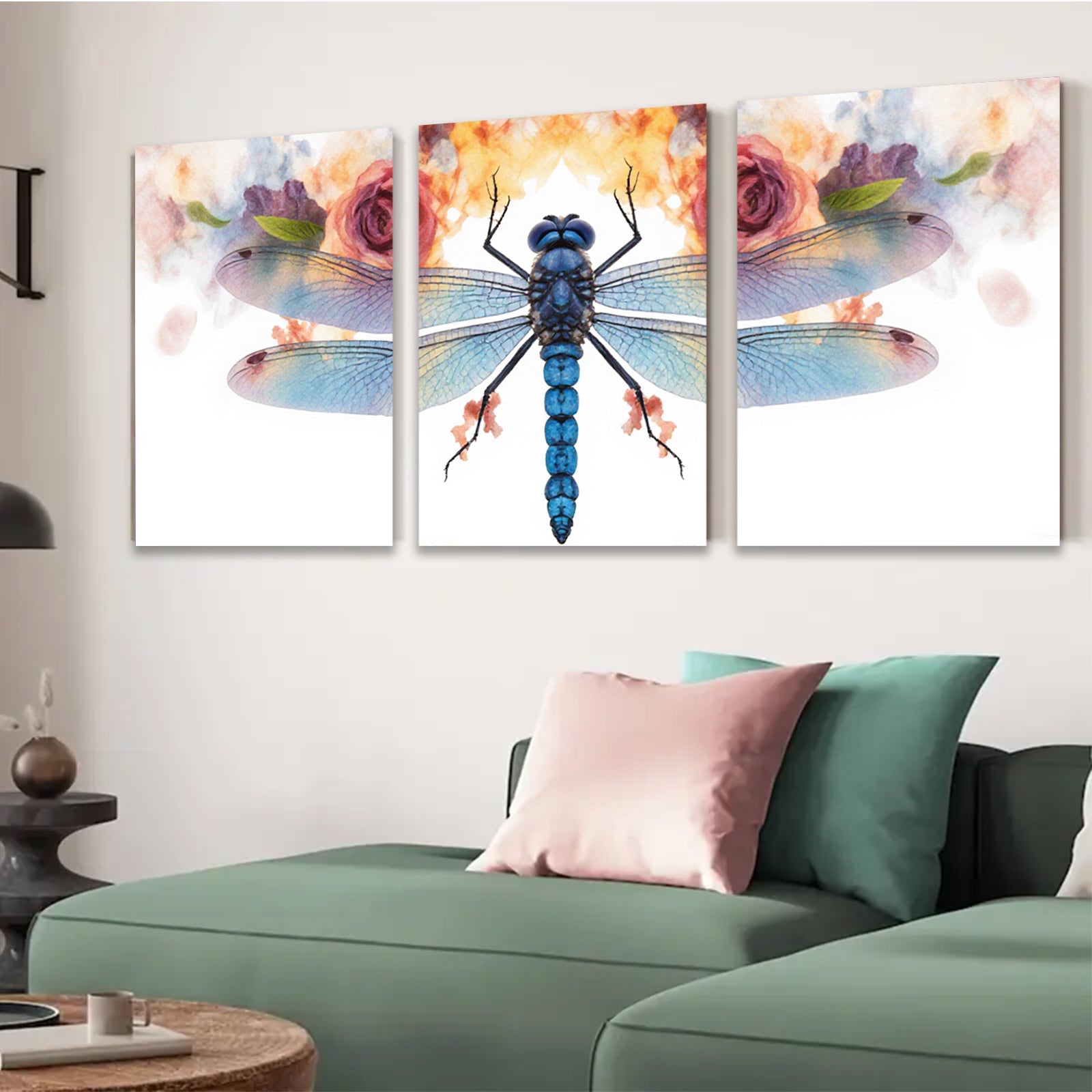 2D flat 1pc vibrant dragonfly floral wall art modern farmhouse living room bedroom decor botanical prints gallery wrapped canvas beautiful accent piece