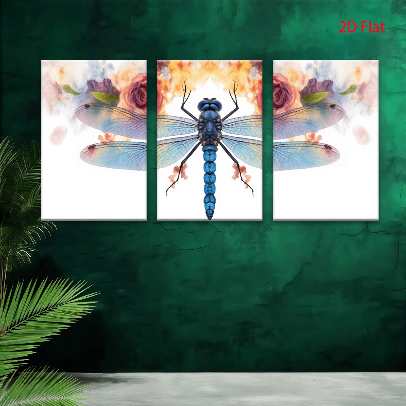 2D flat 1pc vibrant dragonfly floral wall art modern farmhouse living room bedroom decor botanical prints gallery wrapped canvas beautiful accent piece