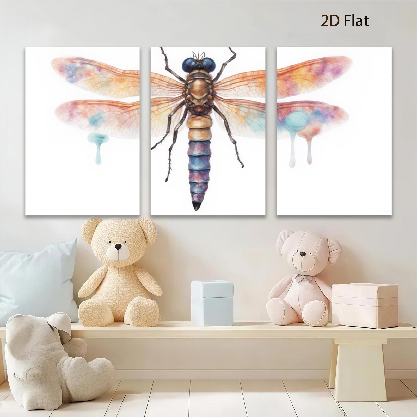 2D flat 1pc vibrant dragonfly wall art botanical insect painting modern farmhouse decor living room bedroom gallery wrapped canvas prints