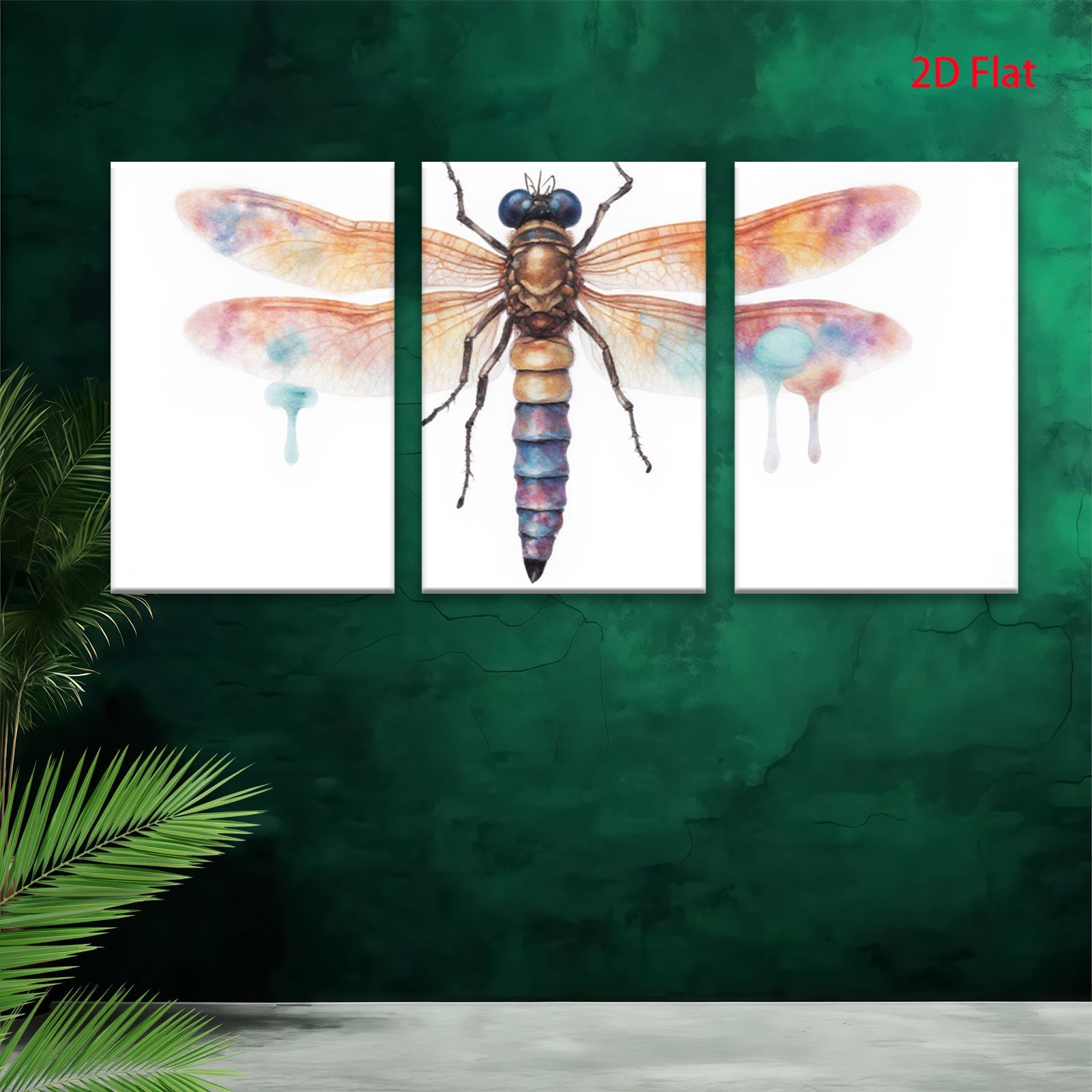 2D flat 1pc vibrant dragonfly wall art botanical insect painting modern farmhouse decor living room bedroom gallery wrapped canvas prints