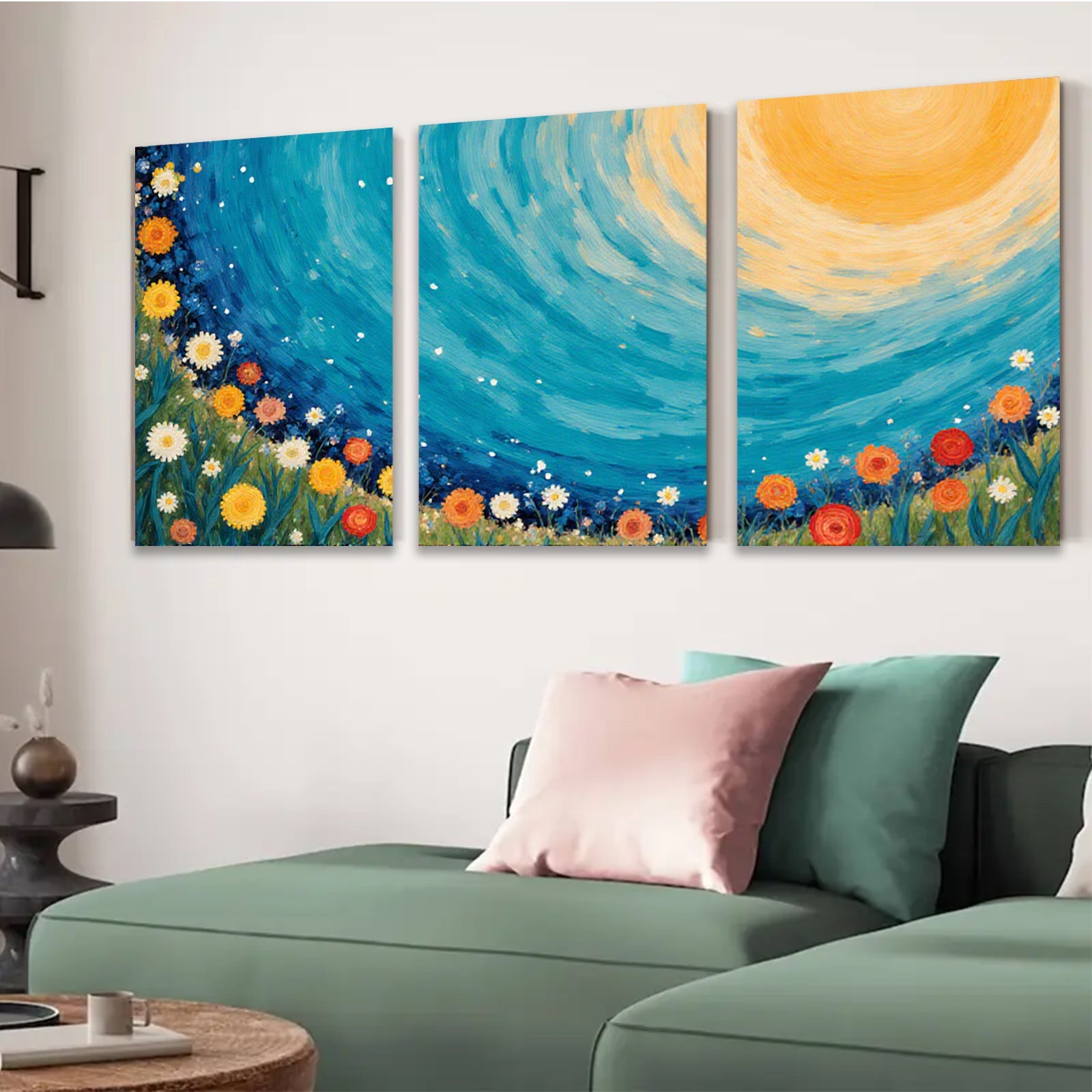 2D flat 1pc vibrant floral meadow beneath golden sun wall art for living room bedroom farmhouse decor modern canvas prints gallery wrapped