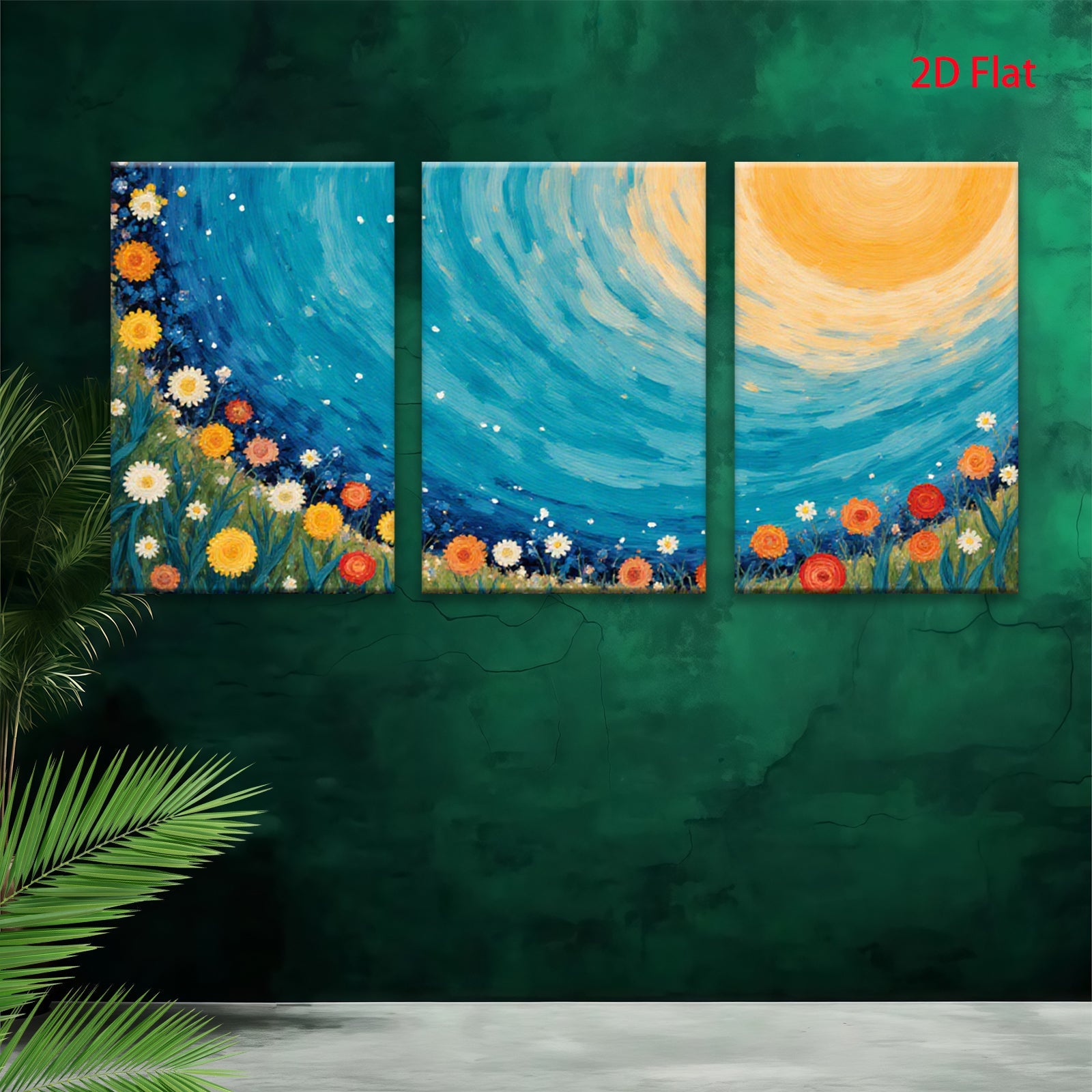 2D flat 1pc vibrant floral meadow beneath golden sun wall art for living room bedroom farmhouse decor modern canvas prints gallery wrapped