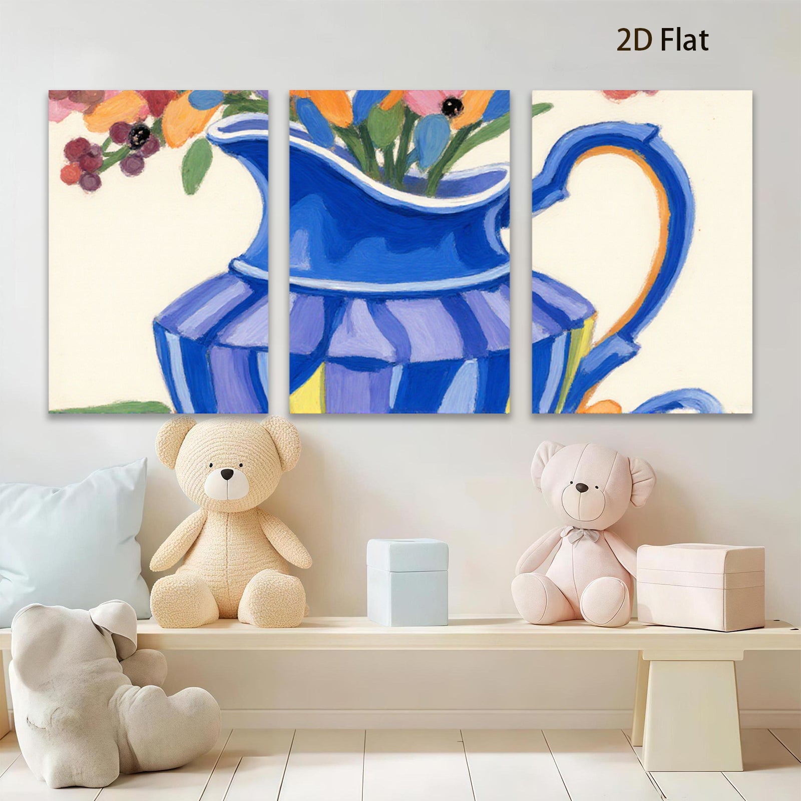 2D flat 1pc vibrant floral pitcher still life farmhouse wall art dining room decor gallery wrapped canvas print modern botanical accent